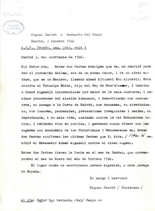 Dos cartas de Miguel Casiri a Bernardo del Campo