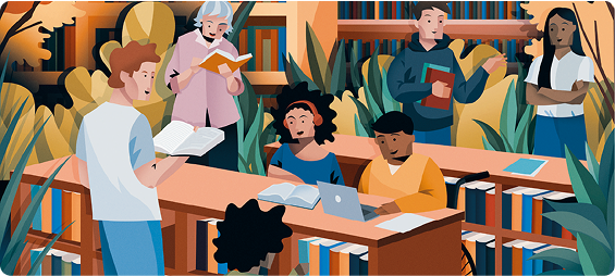 Dibujo de personas leyendo en una biblioteca